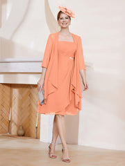 Robe de A-ligne en Mousseline à Encolure Carrée Longueur aux Genoux avec Veste Papaye