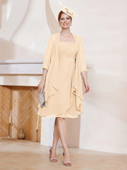 Robe de A-ligne en Mousseline à Encolure Carrée Longueur aux Genoux avec Veste Pêche Grande Taille