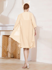 Robe de A-ligne en Mousseline à Encolure Carrée Longueur aux Genoux avec Veste Pêche