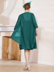 Robe de A-ligne en Mousseline à Encolure Carrée Longueur aux Genoux avec Veste Paon