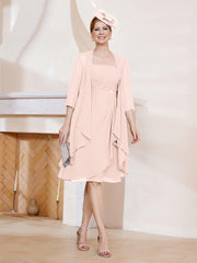 Robe de A-ligne en Mousseline à Encolure Carrée Longueur aux Genoux avec Veste Rose Perle Grande Taille