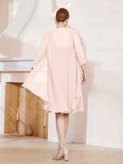 Robe de A-ligne en Mousseline à Encolure Carrée Longueur aux Genoux avec Veste Rose Perle Grande Taille