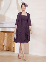 Robe de A-ligne en Mousseline à Encolure Carrée Longueur aux Genoux avec Veste Plum Grande Taille