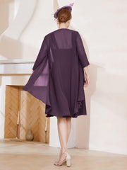Robe de A-ligne en Mousseline à Encolure Carrée Longueur aux Genoux avec Veste Plum