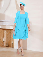 Robe de A-ligne en Mousseline à Encolure Carrée Longueur aux Genoux avec Veste Piscine Grande Taille