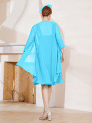 Robe de A-ligne en Mousseline à Encolure Carrée Longueur aux Genoux avec Veste Piscine Grande Taille