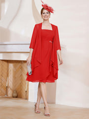 Robe de A-ligne en Mousseline à Encolure Carrée Longueur aux Genoux avec Veste Rouge