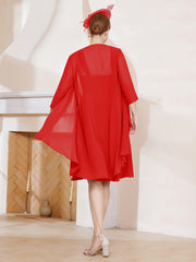 Robe de A-ligne en Mousseline à Encolure Carrée Longueur aux Genoux avec Veste Rouge Grande Taille