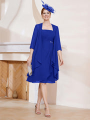 Robe de A-ligne en Mousseline à Encolure Carrée Longueur aux Genoux avec Veste Bleu Royale Grande Taille