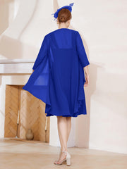 Robe de A-ligne en Mousseline à Encolure Carrée Longueur aux Genoux avec Veste Bleu Royale Grande Taille