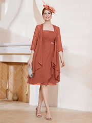 Robe de A-ligne en Mousseline à Encolure Carrée Longueur aux Genoux avec Veste Rouille Grande Taille