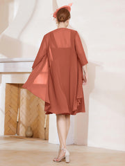 Robe de A-ligne en Mousseline à Encolure Carrée Longueur aux Genoux avec Veste Rouille