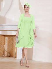 Robe de A-ligne en Mousseline à Encolure Carrée Longueur aux Genoux avec Veste Sauge Grande Taille