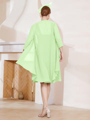 Robe de A-ligne en Mousseline à Encolure Carrée Longueur aux Genoux avec Veste Sauge
