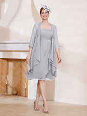 Robe de A-ligne en Mousseline à Encolure Carrée Longueur aux Genoux avec Veste Argent