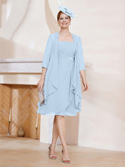 Robe de A-ligne en Mousseline à Encolure Carrée Longueur aux Genoux avec Veste Bleu Ciel