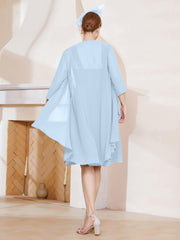 Robe de A-ligne en Mousseline à Encolure Carrée Longueur aux Genoux avec Veste Bleu Ciel