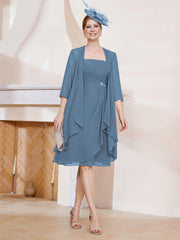 Robe de A-ligne en Mousseline à Encolure Carrée Longueur aux Genoux avec Veste Bleu de Schiste