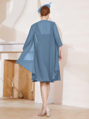 Robe de A-ligne en Mousseline à Encolure Carrée Longueur aux Genoux avec Veste Bleu de Schiste
