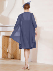 Robe de A-ligne en Mousseline à Encolure Carrée Longueur aux Genoux avec Veste Orageux