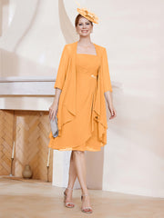 Robe de A-ligne en Mousseline à Encolure Carrée Longueur aux Genoux avec Veste Mandarine Grande Taille