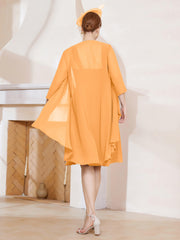 Robe de A-ligne en Mousseline à Encolure Carrée Longueur aux Genoux avec Veste Mandarine Grande Taille
