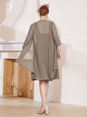 Robe de A-ligne en Mousseline à Encolure Carrée Longueur aux Genoux avec Veste Taupe