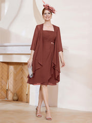 Robe de A-ligne en Mousseline à Encolure Carrée Longueur aux Genoux avec Veste Terracotta Grande Taille