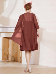 Robe de A-ligne en Mousseline à Encolure Carrée Longueur aux Genoux avec Veste Terracotta Grande Taille