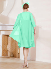 Robe de A-ligne en Mousseline à Encolure Carrée Longueur aux Genoux avec Veste Turquoise Grande Taille