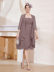 Robe de A-ligne en Mousseline à Encolure Carrée Longueur aux Genoux avec Veste Vintage Mauve Grande Taille