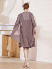 Robe de A-ligne en Mousseline à Encolure Carrée Longueur aux Genoux avec Veste Vintage Mauve