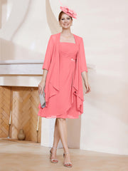 Robe de A-ligne en Mousseline à Encolure Carrée Longueur aux Genoux avec Veste Pastèque Grande Taille