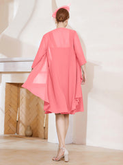 Robe de A-ligne en Mousseline à Encolure Carrée Longueur aux Genoux avec Veste Pastèque Grande Taille