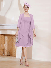 Robe de A-ligne en Mousseline à Encolure Carrée Longueur aux Genoux avec Veste Glycine Grande Taille