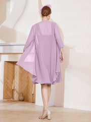 Robe de A-ligne en Mousseline à Encolure Carrée Longueur aux Genoux avec Veste Glycine Grande Taille