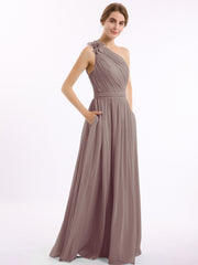 Une Épaule Florale Mousseline Robes Avec Poche Dusk