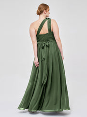 Une Épaule Florale Mousseline Robes Avec Poche Olive Verte Grande Taille