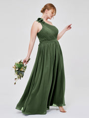Une Épaule Florale Mousseline Robes Avec Poche Olive Verte Grande Taille