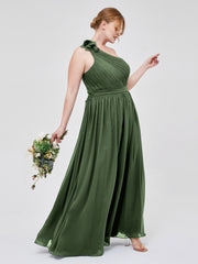 Une Épaule Florale Mousseline Robes Avec Poche Olive Verte