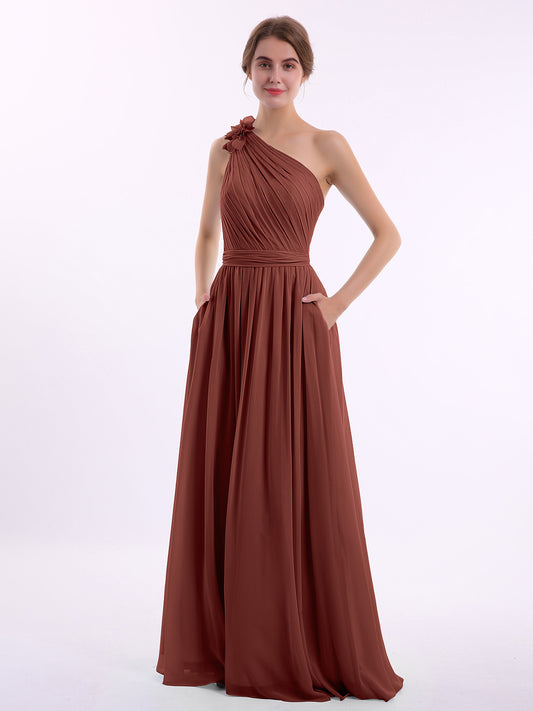Une Épaule Florale Mousseline Robes Avec Poche terracotta
