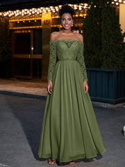 Dentelle Et Mousseline Manches Longues Robes Avec Poches Olive Verte Grande Taille