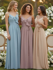Spaghetti Bretelle Mousseline Tenues De Demoiselle d'honneur Avec Col En V Vintage Mauve