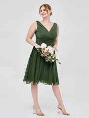 Robe Courte Mousseline avec Col en V Olive Verte Grande Taille