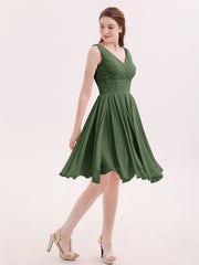 Robe Courte Mousseline avec Col en V Olive Verte
