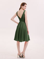 Robe Courte Mousseline avec Col en V Olive Verte