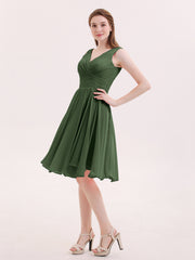 Robe Courte Mousseline avec Col en V Olive Verte