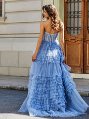 Robe de Soirée de A-ligne en Tulle à Col en Cœur avec Traîne Balayage Bleu Poudré Grande Taille