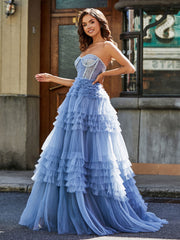 Robe de Soirée de A-ligne en Tulle à Col en Cœur avec Traîne Balayage Bleu Poudré Grande Taille
