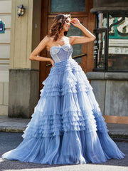 Robe de Soirée de A-ligne en Tulle à Col en Cœur avec Traîne Balayage Bleu Poudré